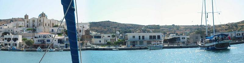 view from the quai to the village and church of Lipsi